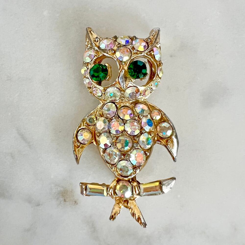 Vintage 60s Aurora Borealis Rhinestone Owl Brooch by Pell
